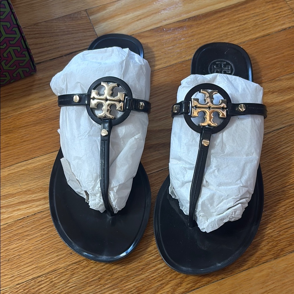 Tory Burch Black Slides with Gold Emblem